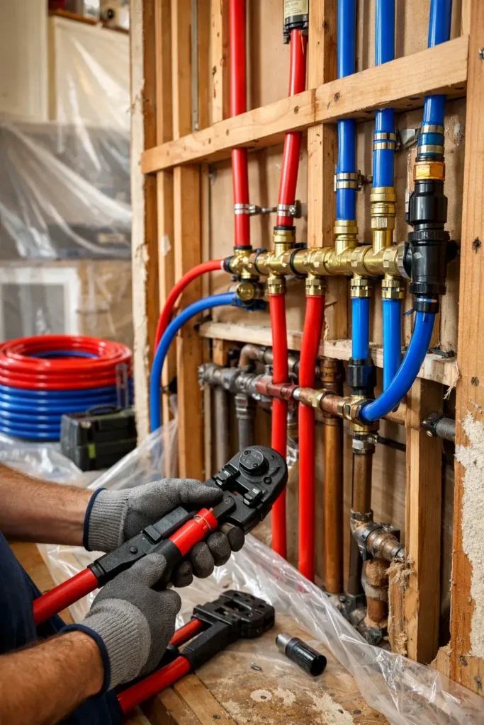 Plumber installing PEX pipes during a repiping project, demonstrating the PEX repiping timeline.