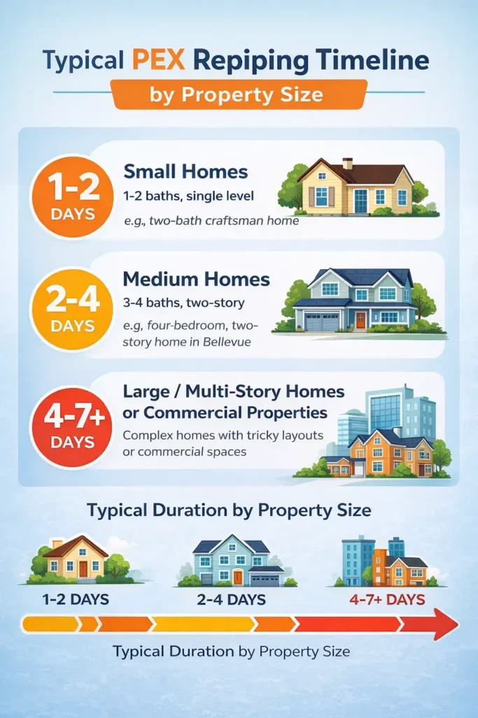 Infographic titled 'Typical PEX Repiping Timeline by Property Size' showing the estimated duration of PEX repiping projects for small, medium, and large properties. Small homes take 1-2 days, medium homes 2-4 days, and large/multi-story homes or commercial properties take 4-7+ days. The infographic includes color-coded icons representing each property size and a timeline at the bottom.