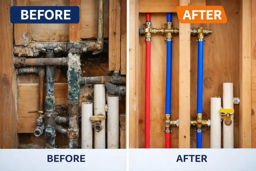 Before and after comparison of a plumbing repiping project: the 'before' side shows old, rusted pipes, while the 'after' side displays clean, newly installed PEX pipes.