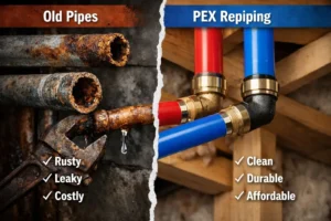 Comparison of rusty old pipes and clean PEX pipes highlighting the PEX repiping benefits.