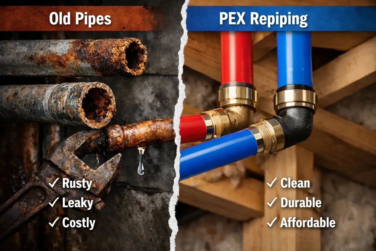 Comparison of rusty old pipes and clean PEX pipes highlighting the PEX repiping benefits.