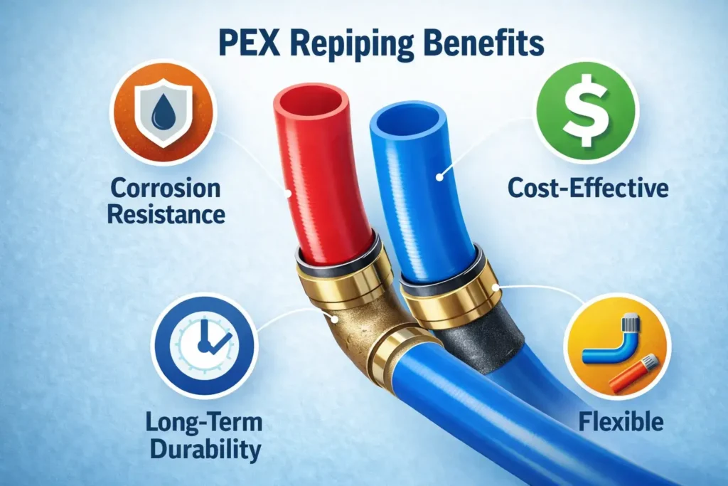 Infographic showing the PEX repiping benefits including corrosion resistance, flexibility, and cost-effectiveness.