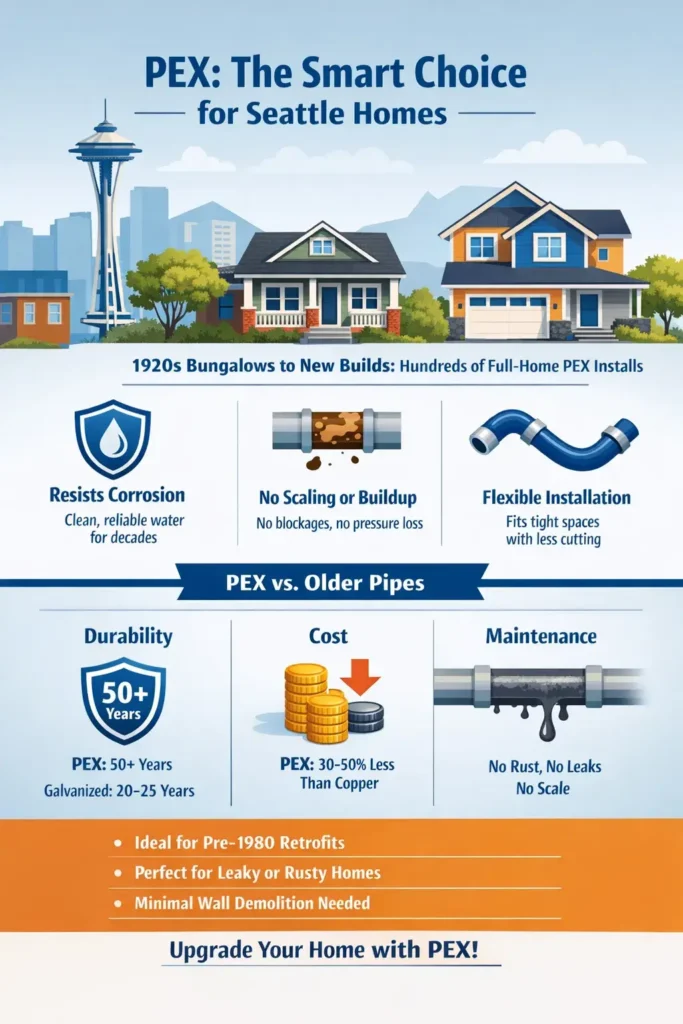 Infographic titled 'PEX: The Smart Choice for Seattle Homes,' showcasing the benefits of PEX repiping, including resistance to corrosion, no scaling or buildup, and flexible installation. It compares PEX to older pipes in terms of durability, cost, and maintenance, highlighting its advantages for Seattle homes, especially older properties. The infographic emphasizes PEX’s long lifespan, cost savings, and minimal disruption during installation.