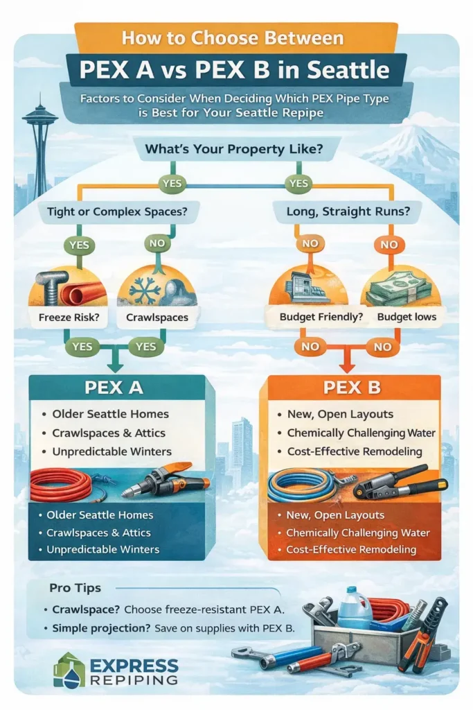 PEX A vs PEX B Seattle decision tree infographic comparing flexibility, freeze resistance, and cost