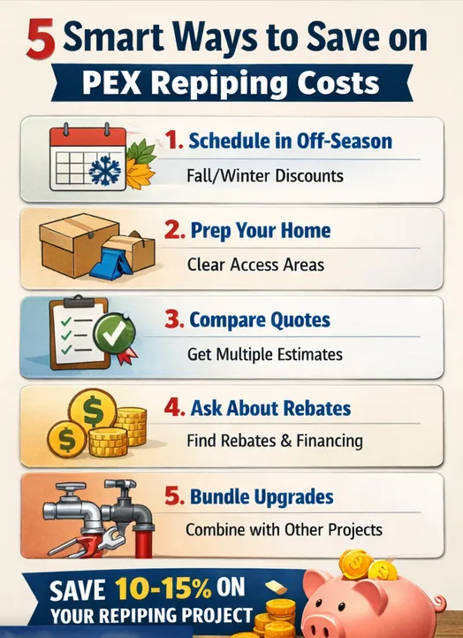 Infographic illustrating the 5 smart ways to save on pex repiping costs in seattle