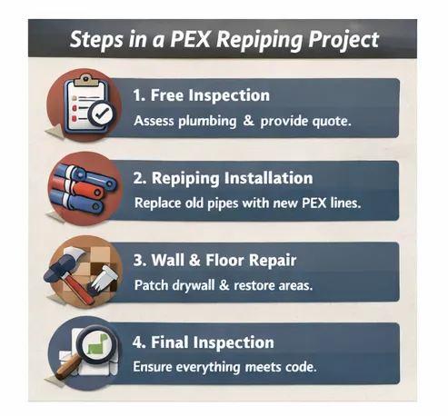 PEX repiping costs Seattle step-by-step infographic showing consultation, pipe installation, inspection, and 25-year warranty