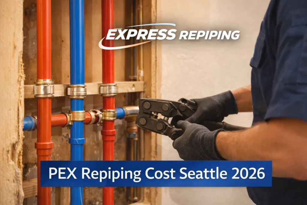 PEX pipes installation by Express Repiping with a plumber using a crimping tool to secure connections, featuring red and blue PEX pipes for hot and cold water. PEX Repiping Cost in Seattle