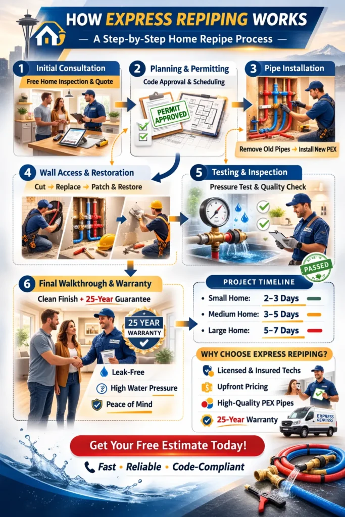 An infographic showing the step-by-step process of how Express Repiping works, from consultation to project completion, emphasizing clear timelines and professional service.