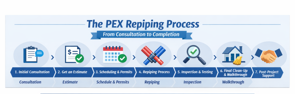 Infographic showing the 7-step PEX repiping process from consultation to post-project support, alongside a promotional banner offering expert tips on choosing the best PEX repiping professional in Seattle.
