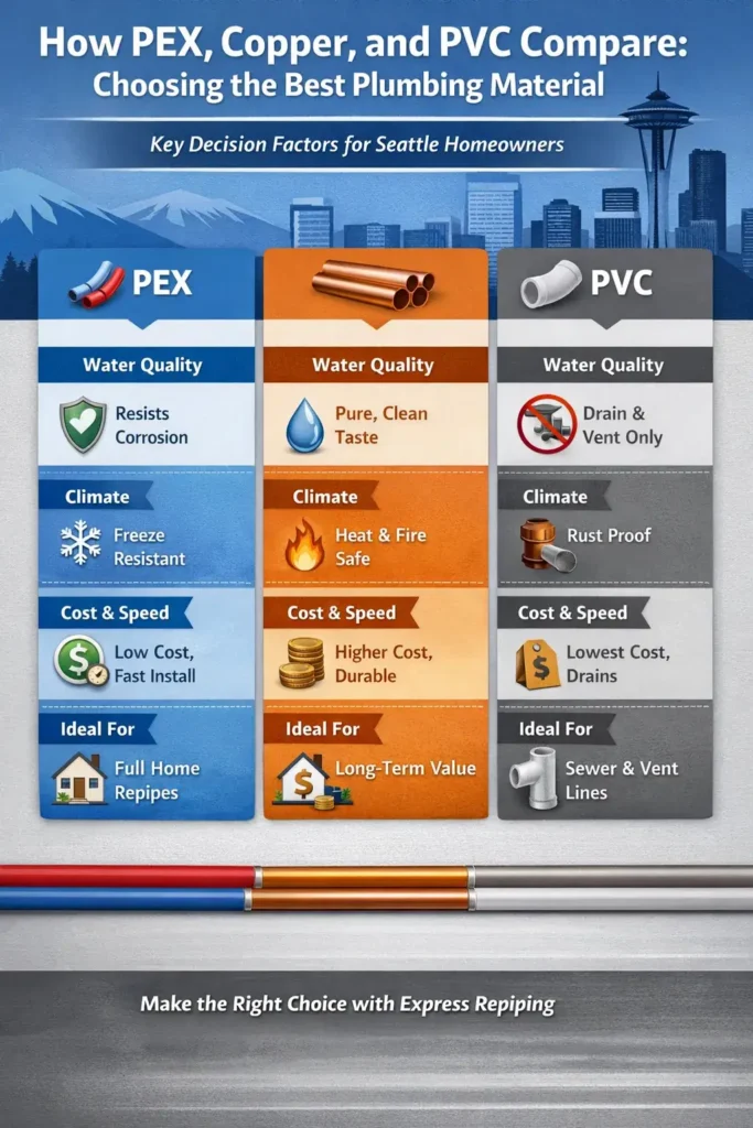 Infographic comparing PEX, copper, and PVC plumbing materials with key decision factors for Seattle homeowners: water quality, climate, cost, and ideal applications.