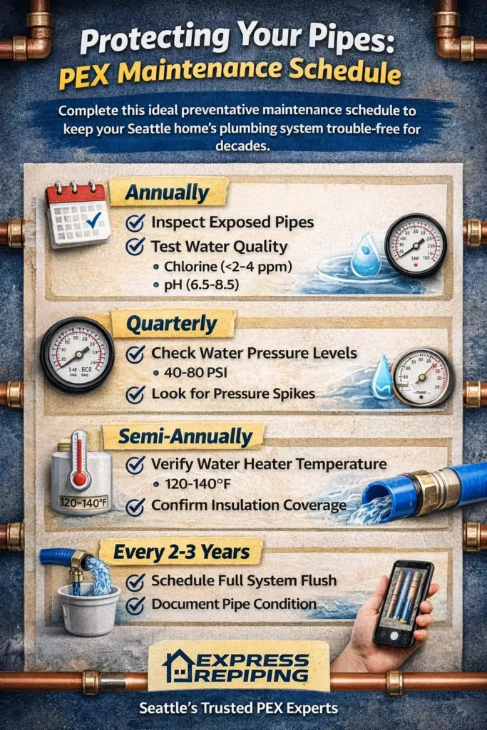 Infographic showing a PEX pipe maintenance schedule with tasks categorized by intervals: Annually, Quarterly, Semi-Annually, and Every 2-3 Years. Includes icons and tips for Seattle homeowners to maintain long-lasting plumbing