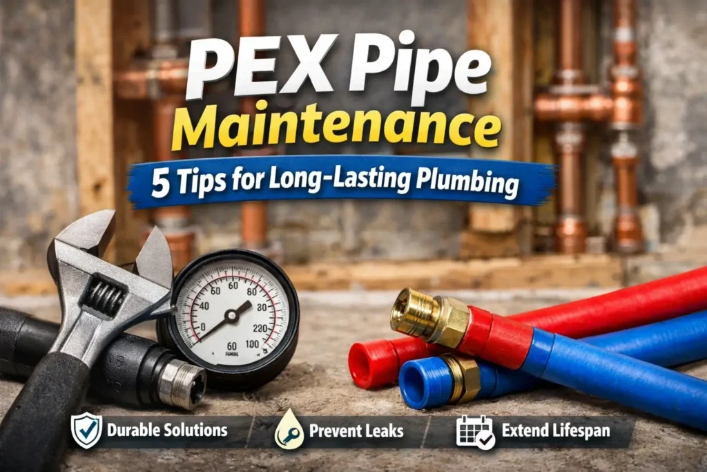 PEX pipe maintenance tools with colorful pipes and icons highlighting tips for long-lasting plumbing.