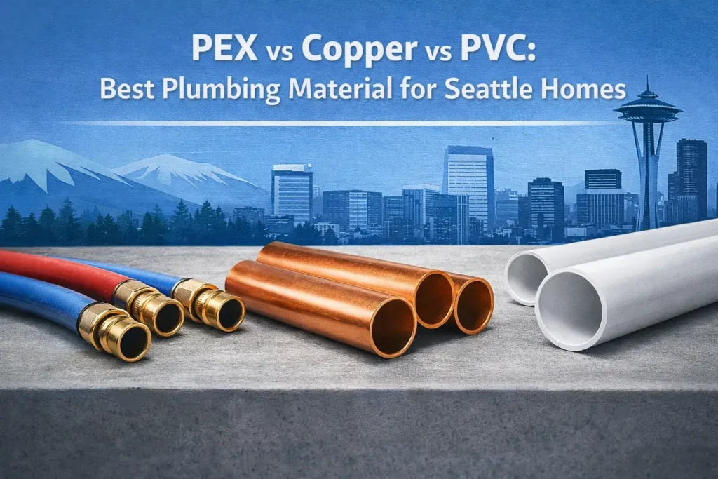 Comparison of PEX, copper, and PVC pipes with the Seattle skyline and Space Needle in the background, highlighting the best plumbing materials for Seattle homes.