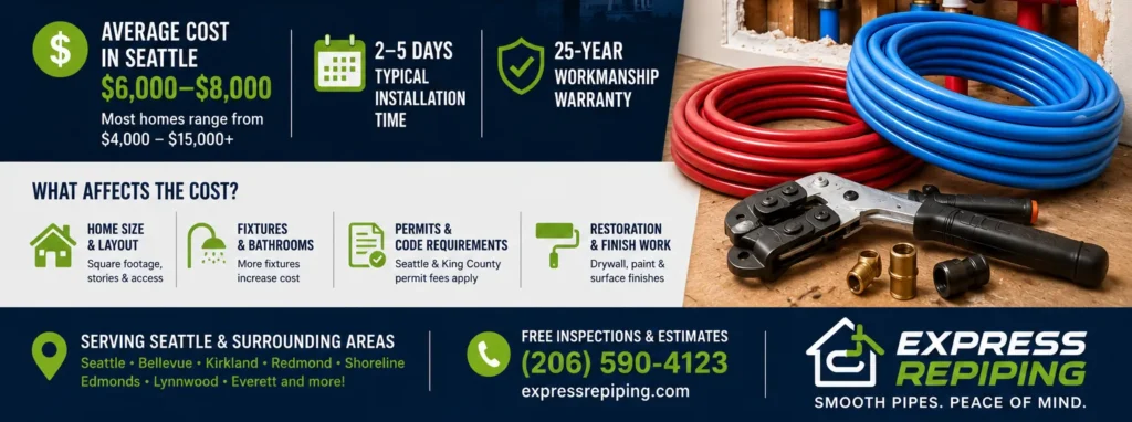 Seattle PEX repiping costs guide showing full house repipe pricing $4,000–$15,000 with cost factors and installation details