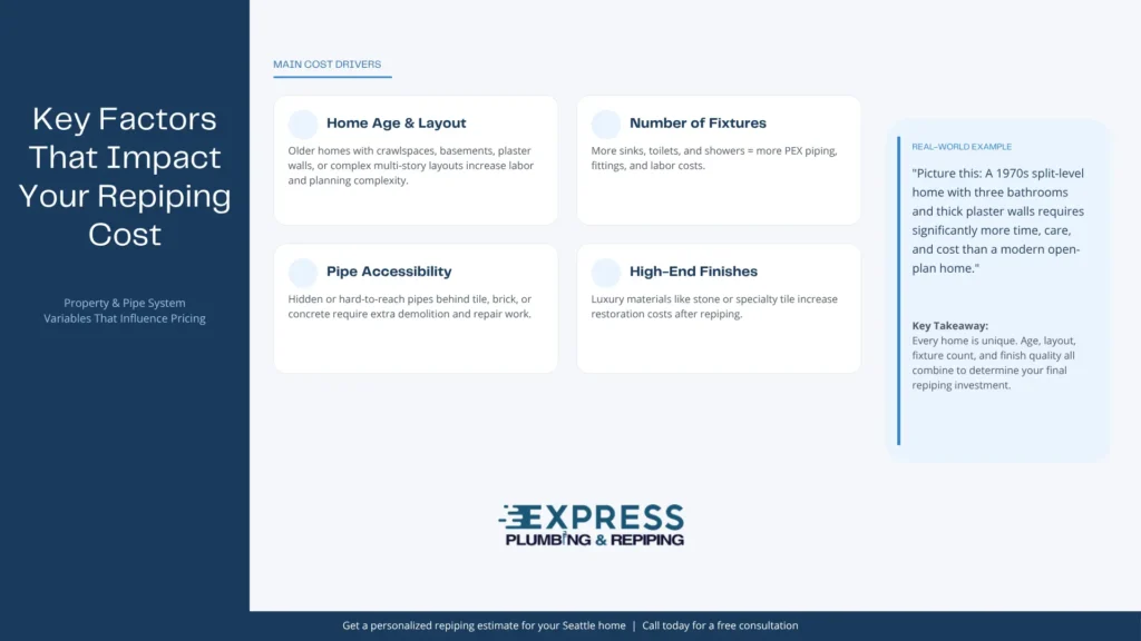PEX repiping costs infographic for Seattle homes showing pricing factors such as home age, fixtures, accessibility, labor costs, and budgeting tips for homeowners.