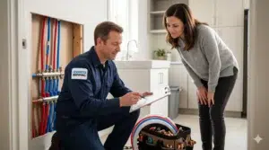 Express Repiping plumber reviewing repiping quotes in Seattle with a homeowner in a modern kitchen showing PEX piping in the background