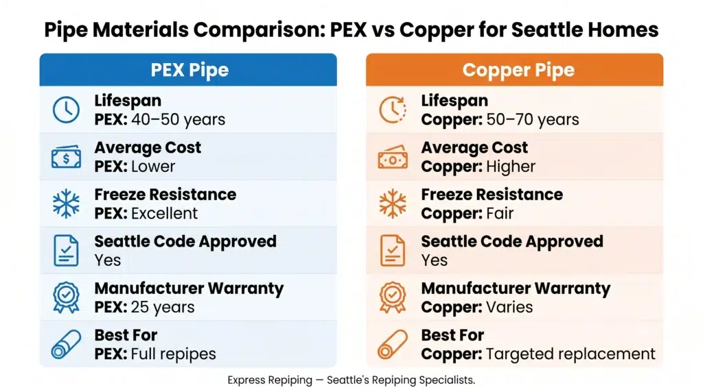 Infographic comparing PEX and copper pipe materials to consider when evaluating repiping quotes in Seattle including lifespan, cost, freeze resistance, and warranty