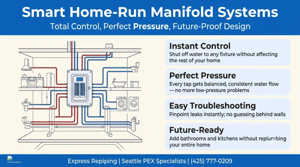 Diagram of a home-run PEX manifold system showing red hot water and blue cold water lines branching from a central manifold panel to multiple fixtures (kitchen, bathrooms, laundry) with callouts for instant control, balanced pressure, and future-proof design
