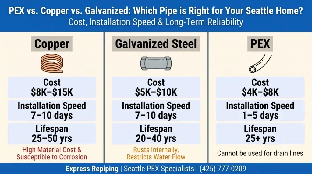 Comparison infographic showing PEX, copper, and galvanized steel pipes with cost ($4K–$8K for PEX vs. $8K–$15K for copper), installation speed (1–5 days for PEX), and lifespan benefits for Seattle homes
