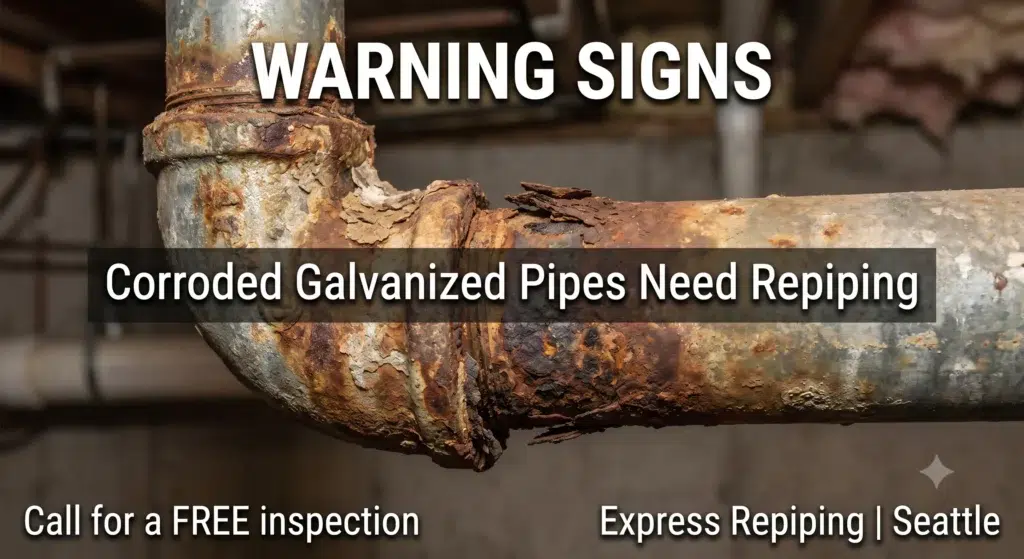 Corroded galvanized pipes showing rust and corrosion—a sign Seattle homes need repiping
