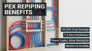 PEX repiping benefits Seattle: modern home-run manifold system showing flexible red and blue PEX pipes with cost savings, fast installation, and durability callouts