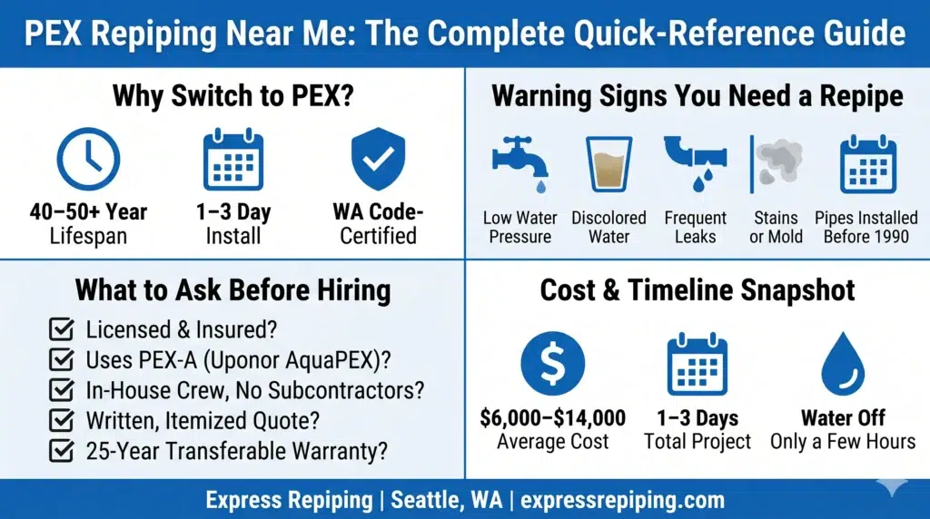 Quick-reference infographic on PEX repiping near me in Seattle, covering costs, warning signs, and warranties from Express Repiping