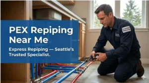 Express Repiping plumber installing PEX repiping near me in a Seattle home, backed by a 25-year warranty