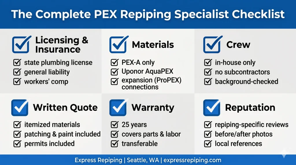 Checklist infographic for choosing a PEX repiping specialist near me in Seattle, from Express Repiping