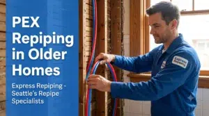 Express Repiping specialist installing PEX repiping in older home in Seattle, routing new red and blue water lines through vintage framing