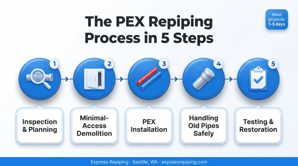 Five-step process of PEX repiping in older Seattle homes by Express Repiping: inspection, access, installation, handling old pipes, and restoration