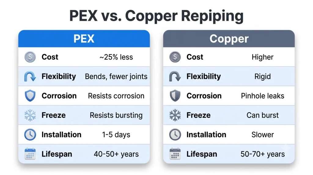 PEX vs. copper repiping comparison for older Seattle homes by Express Repiping, covering cost, flexibility, corrosion, freeze resistance, and lifespan./ best choice for pex repiping in older homes