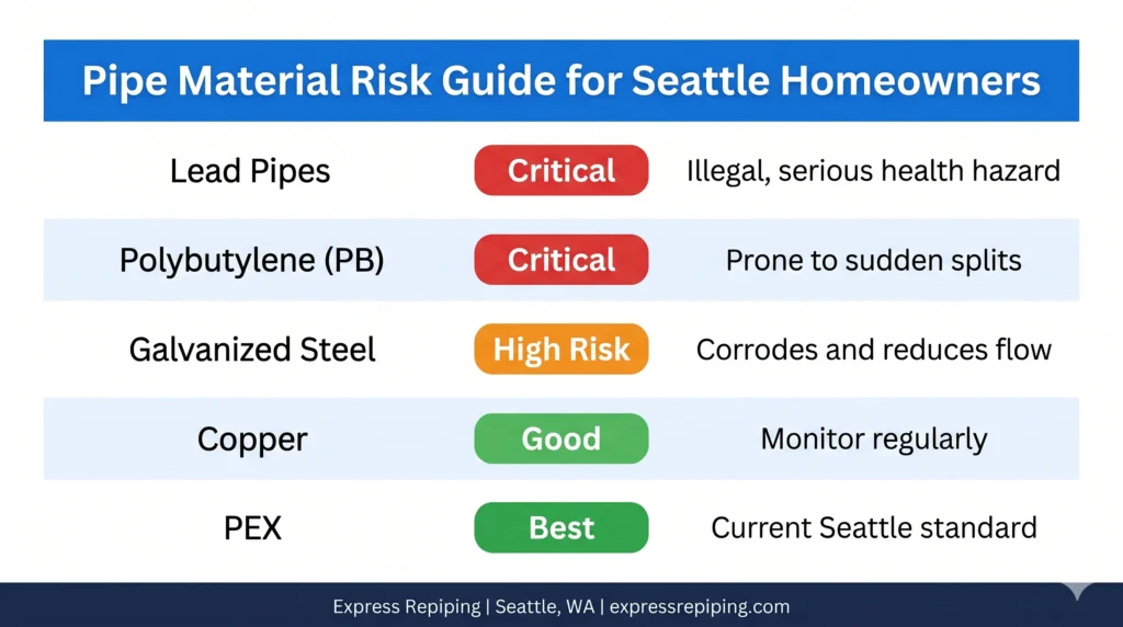 Pipe material risk guide comparing galvanized steel, PB, lead, copper, and PEX lifespan for Seattle homeowners — Express Repiping