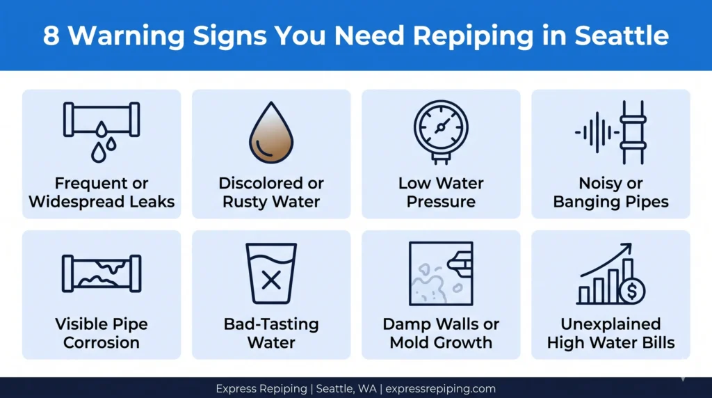 Infographic showing 8 warning signs you need repiping in Seattle including leaks, rusty water, and low pressure — Express Repiping
