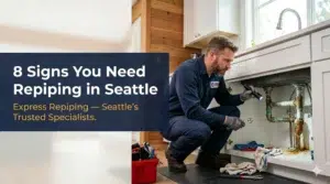 Licensed plumber inspecting corroded pipes in a Seattle home — signs you need repiping, Express Repiping