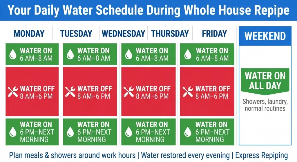 Whole house repipe timeline showing 3-5 day project with daily water on/off schedule
