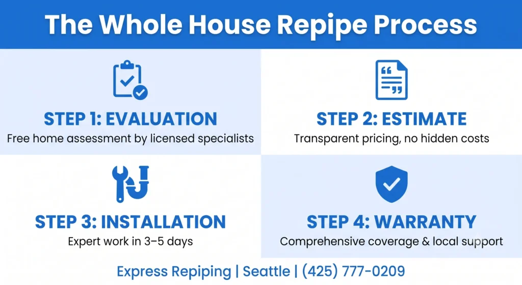 Four-step process of whole house repipe in Seattle from evaluation through final restoration