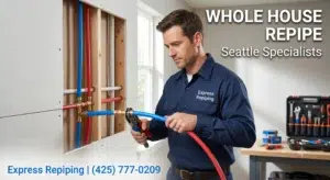 Licensed Seattle repiping specialist installing modern PEX piping as part of a whole house repipe in Seattle project to replace old galvanized pipes.