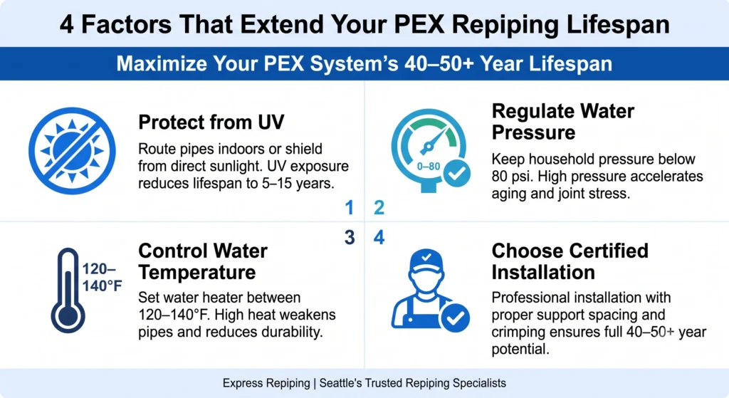 4 factors that extend PEX repiping lifespan: UV protection, water pressure, temperature control, certified installation