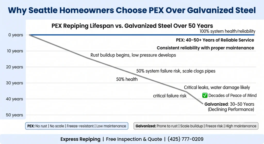 PEX repiping durability comparison chart showing 40–50 year lifespan versus galvanized steel decline over time